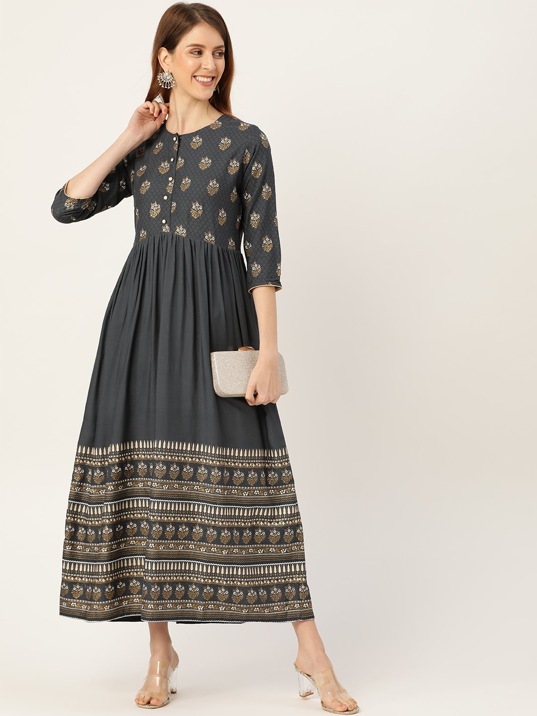 Women Grey Self Design Self Design Round Neck Viscose Rayon Maxi Dress | LASVINI - Redefining Indian Fashion with Elegance