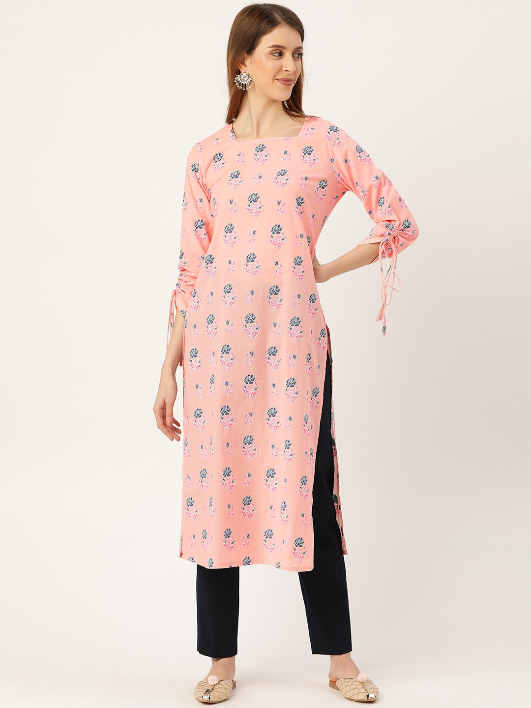 Women Pink Calf Length Long Sleeves Straight Floral Printed Cotton Kurta | LASVINI - Redefining Indian Fashion with Elegance