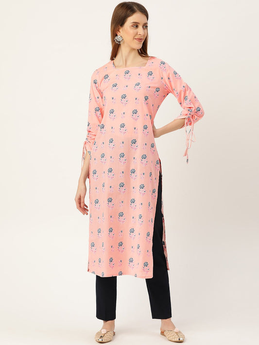 Women Pink Calf Length Long Sleeves Straight Floral Printed Cotton Kurta | LASVINI - Redefining Indian Fashion with Elegance