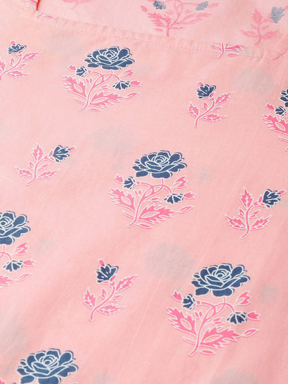 Women Pink Calf Length Long Sleeves Straight Floral Printed Cotton Kurta | LASVINI - Redefining Indian Fashion with Elegance