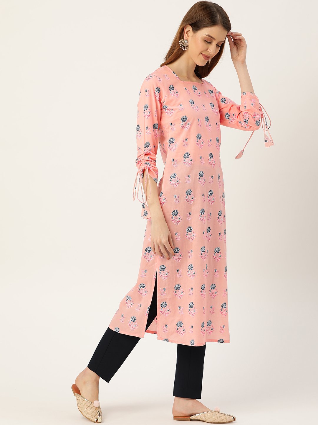 Women Pink Calf Length Long Sleeves Straight Floral Printed Cotton Kurta | LASVINI - Redefining Indian Fashion with Elegance