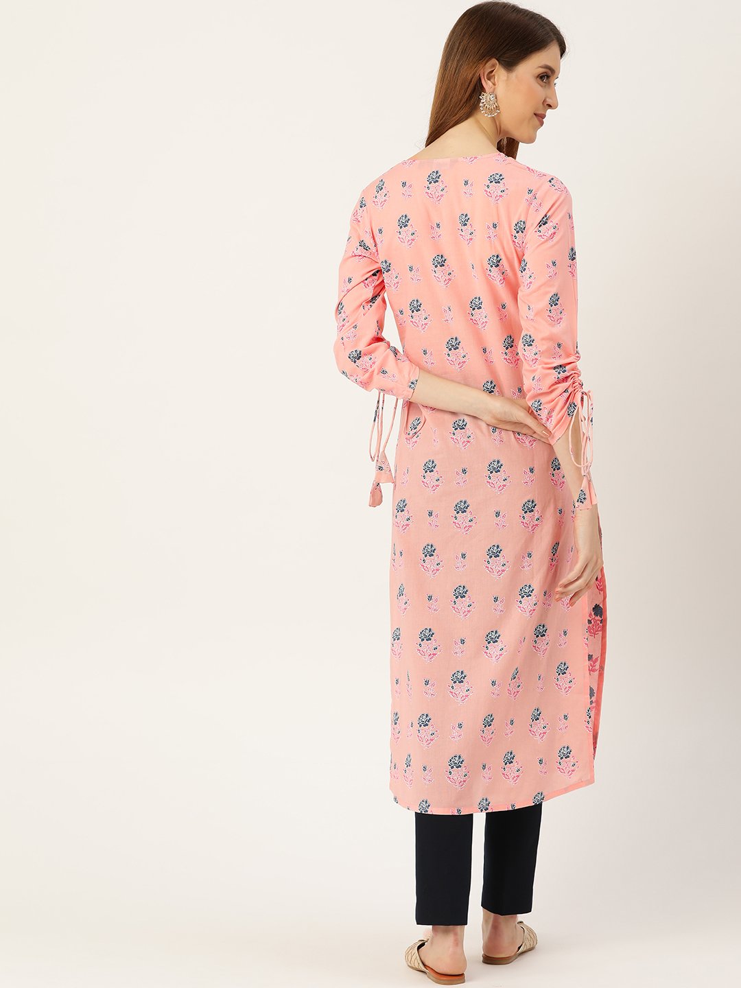 Women Pink Calf Length Long Sleeves Straight Floral Printed Cotton Kurta | LASVINI - Redefining Indian Fashion with Elegance
