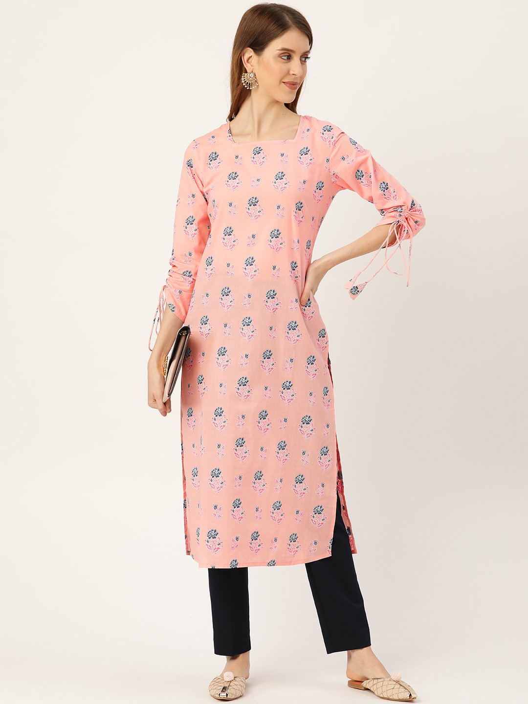 Women Pink Calf Length Long Sleeves Straight Floral Printed Cotton Kurta | LASVINI - Redefining Indian Fashion with Elegance