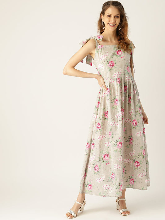 Women Grey Floral Printed Halter Neck Cotton Fit And Flare Dress | LASVINI - Redefining Indian Fashion with Elegance