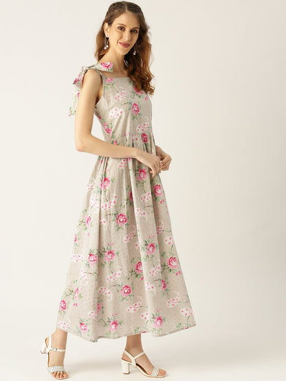 Women Grey Floral Printed Halter Neck Cotton Fit And Flare Dress | LASVINI - Redefining Indian Fashion with Elegance