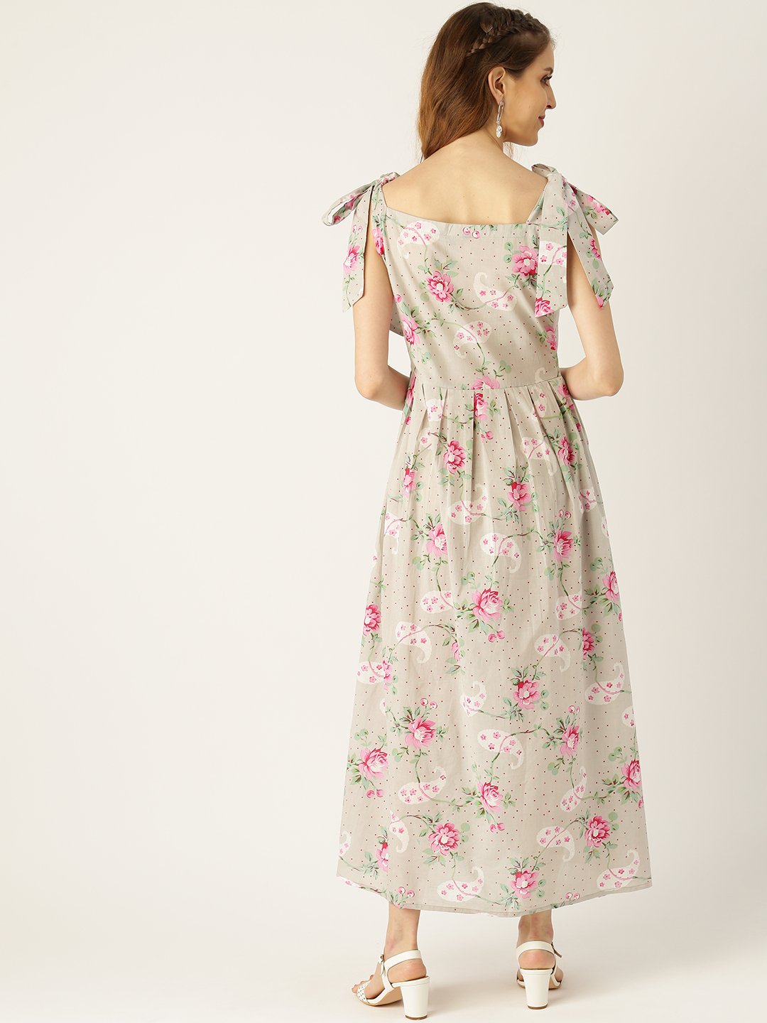 Women Grey Floral Printed Halter Neck Cotton Fit And Flare Dress | LASVINI - Redefining Indian Fashion with Elegance