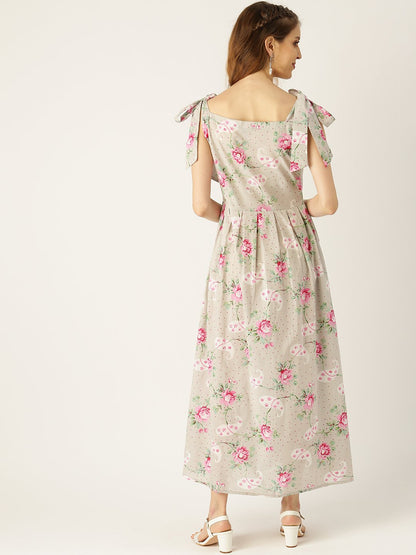 Women Grey Floral Printed Halter Neck Cotton Fit And Flare Dress | LASVINI - Redefining Indian Fashion with Elegance