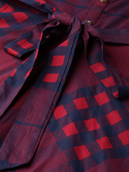 Women Burgundy Checked Printed Shirt Collar Cotton Fit And Flare Dress | LASVINI - Redefining Indian Fashion with Elegance