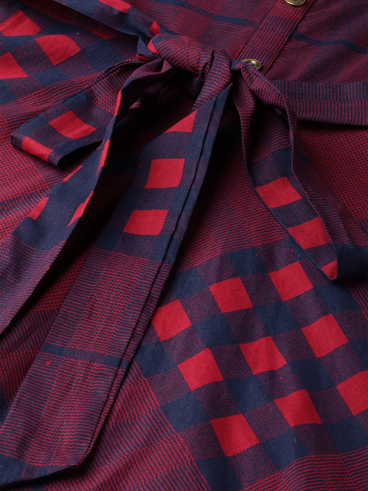 Women Burgundy Checked Printed Shirt Collar Cotton Fit And Flare Dress | LASVINI - Redefining Indian Fashion with Elegance