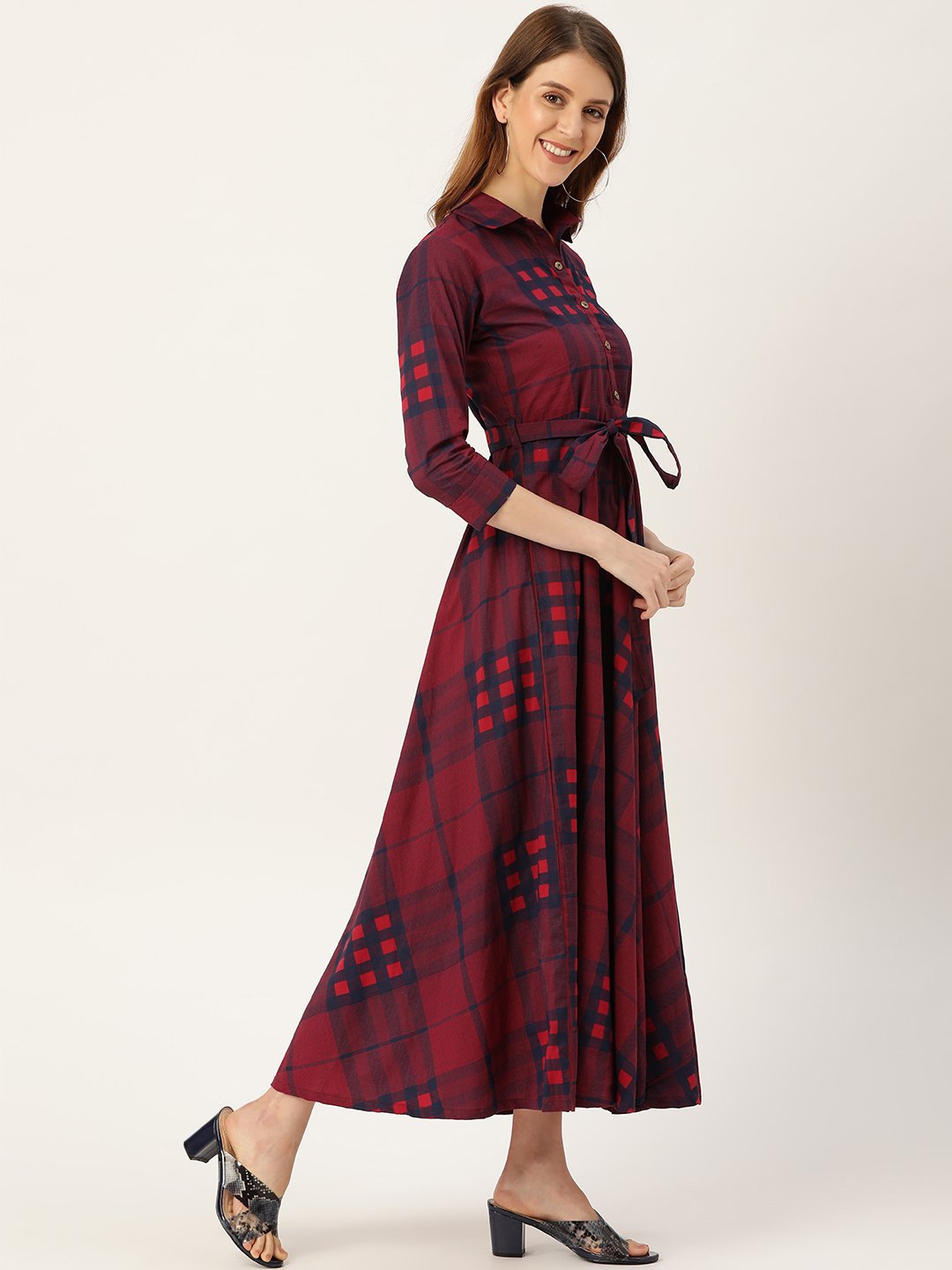 Women Burgundy Checked Printed Shirt Collar Cotton Fit And Flare Dress | LASVINI - Redefining Indian Fashion with Elegance