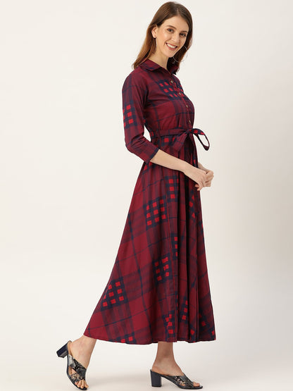 Women Burgundy Checked Printed Shirt Collar Cotton Fit And Flare Dress | LASVINI - Redefining Indian Fashion with Elegance