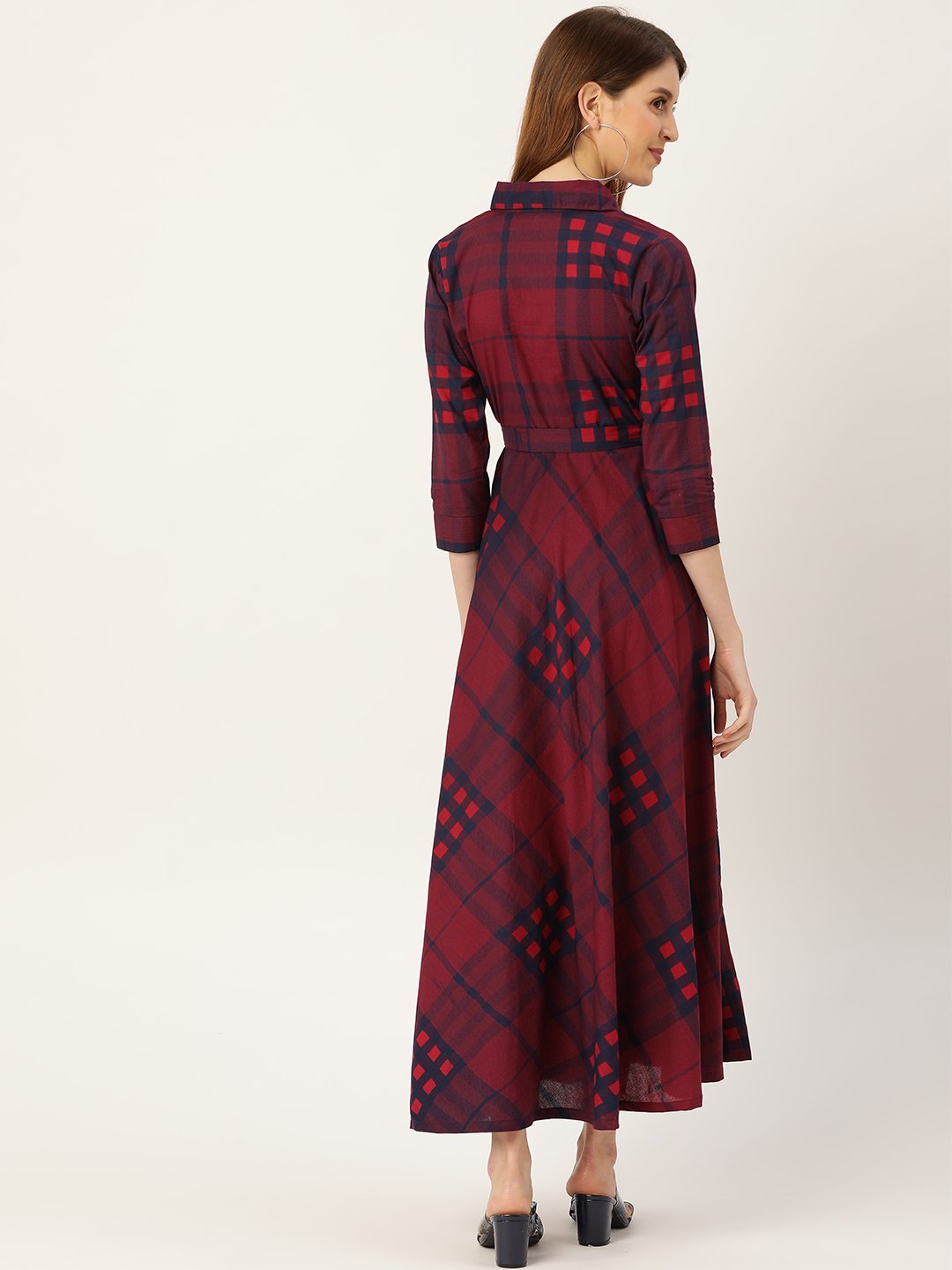 Women Burgundy Checked Printed Shirt Collar Cotton Fit And Flare Dress | LASVINI - Redefining Indian Fashion with Elegance