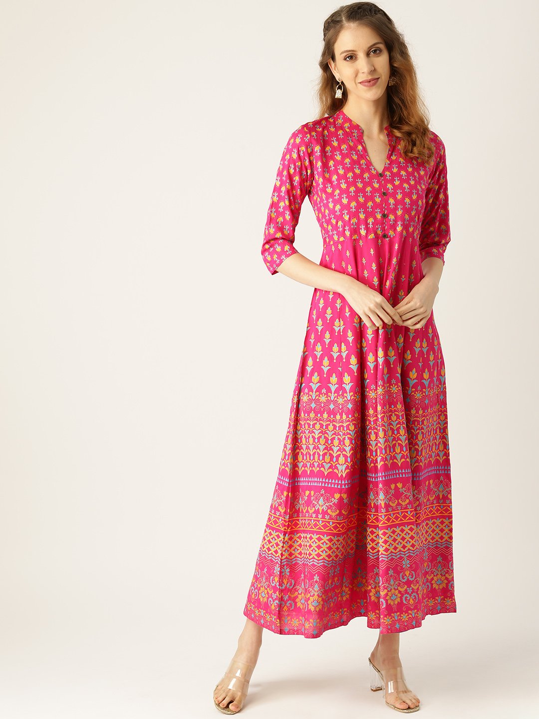 Women Pink Floral Printed Mandarin Collar Viscose Rayon Fit And Flare Dress | LASVINI - Redefining Indian Fashion with Elegance