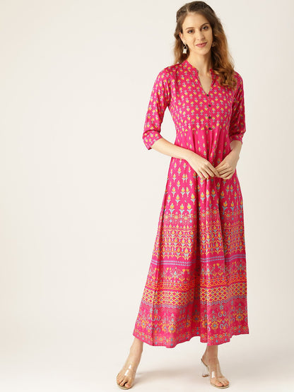 Women Pink Floral Printed Mandarin Collar Viscose Rayon Fit And Flare Dress | LASVINI - Redefining Indian Fashion with Elegance