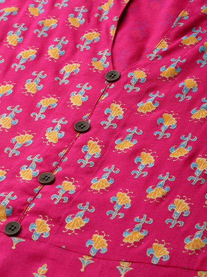 Women Pink Floral Printed Mandarin Collar Viscose Rayon Fit And Flare Dress | LASVINI - Redefining Indian Fashion with Elegance