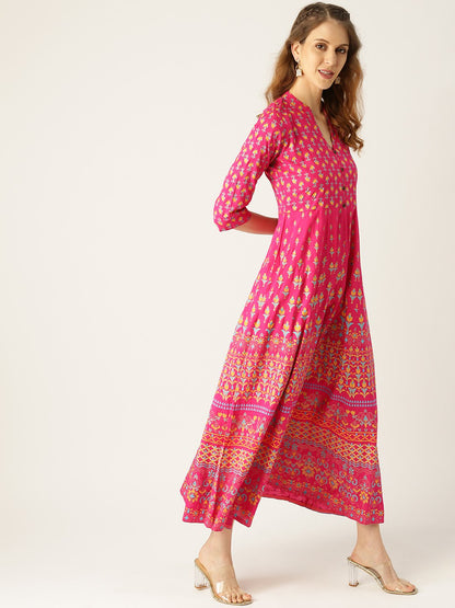 Women Pink Floral Printed Mandarin Collar Viscose Rayon Fit And Flare Dress | LASVINI - Redefining Indian Fashion with Elegance