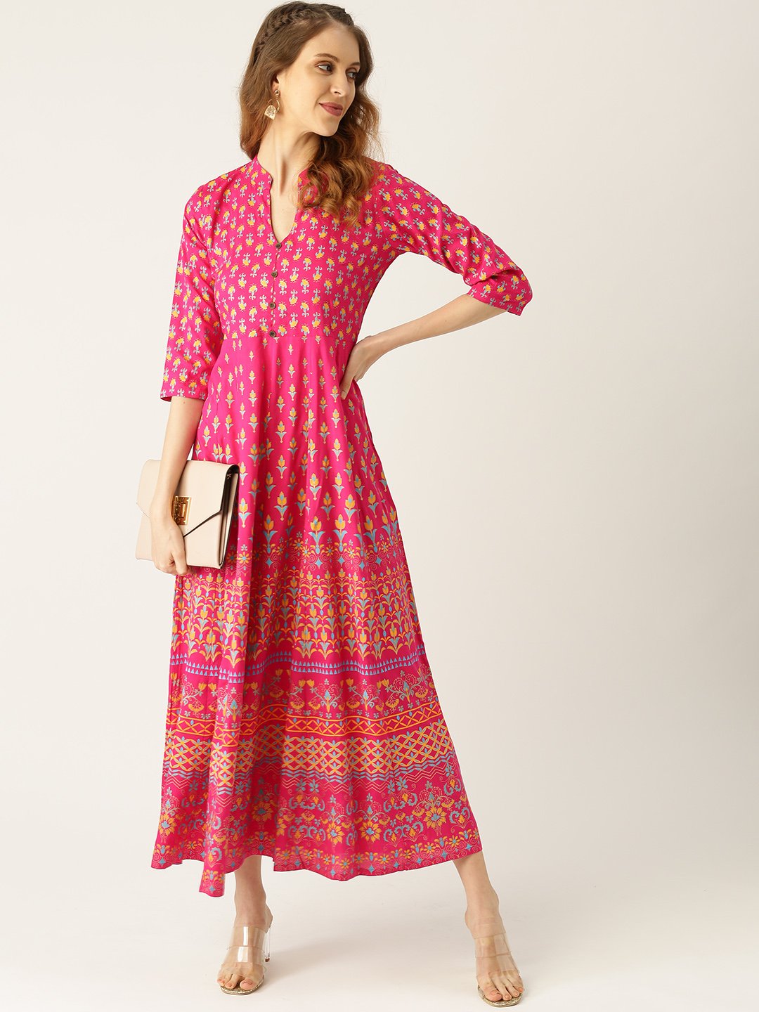 Women Pink Floral Printed Mandarin Collar Viscose Rayon Fit And Flare Dress | LASVINI - Redefining Indian Fashion with Elegance