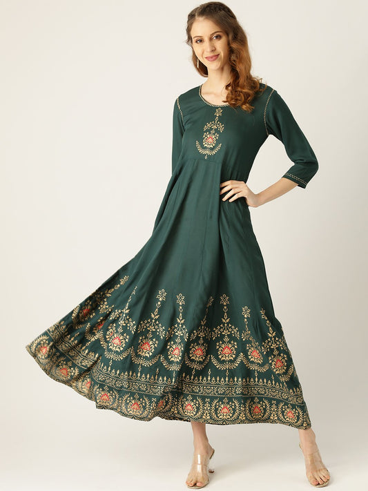 Women Green Solid Solid Round Neck Viscose Rayon Fit And Flare Dress | LASVINI - Redefining Indian Fashion with Elegance