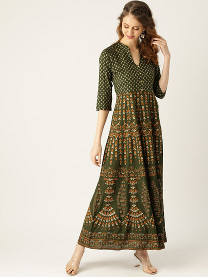 Women Green Floral Printed Mandarin Collar Viscose Rayon Fit And Flare Dress | LASVINI - Redefining Indian Fashion with Elegance