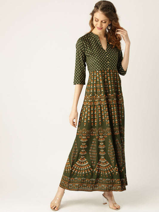 Women Green Floral Printed Mandarin Collar Viscose Rayon Fit And Flare Dress | LASVINI - Redefining Indian Fashion with Elegance