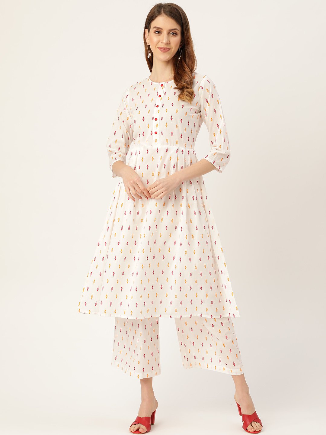 Women White Three-Quarter Sleeves Flared Kurta With Palazzo | LASVINI - Redefining Indian Fashion with Elegance