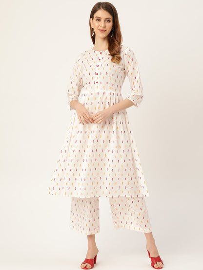 Women White Three-Quarter Sleeves Flared Kurta With Palazzo | LASVINI - Redefining Indian Fashion with Elegance