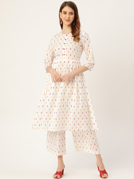Women White Three-Quarter Sleeves Flared Kurta With Palazzo | LASVINI - Redefining Indian Fashion with Elegance