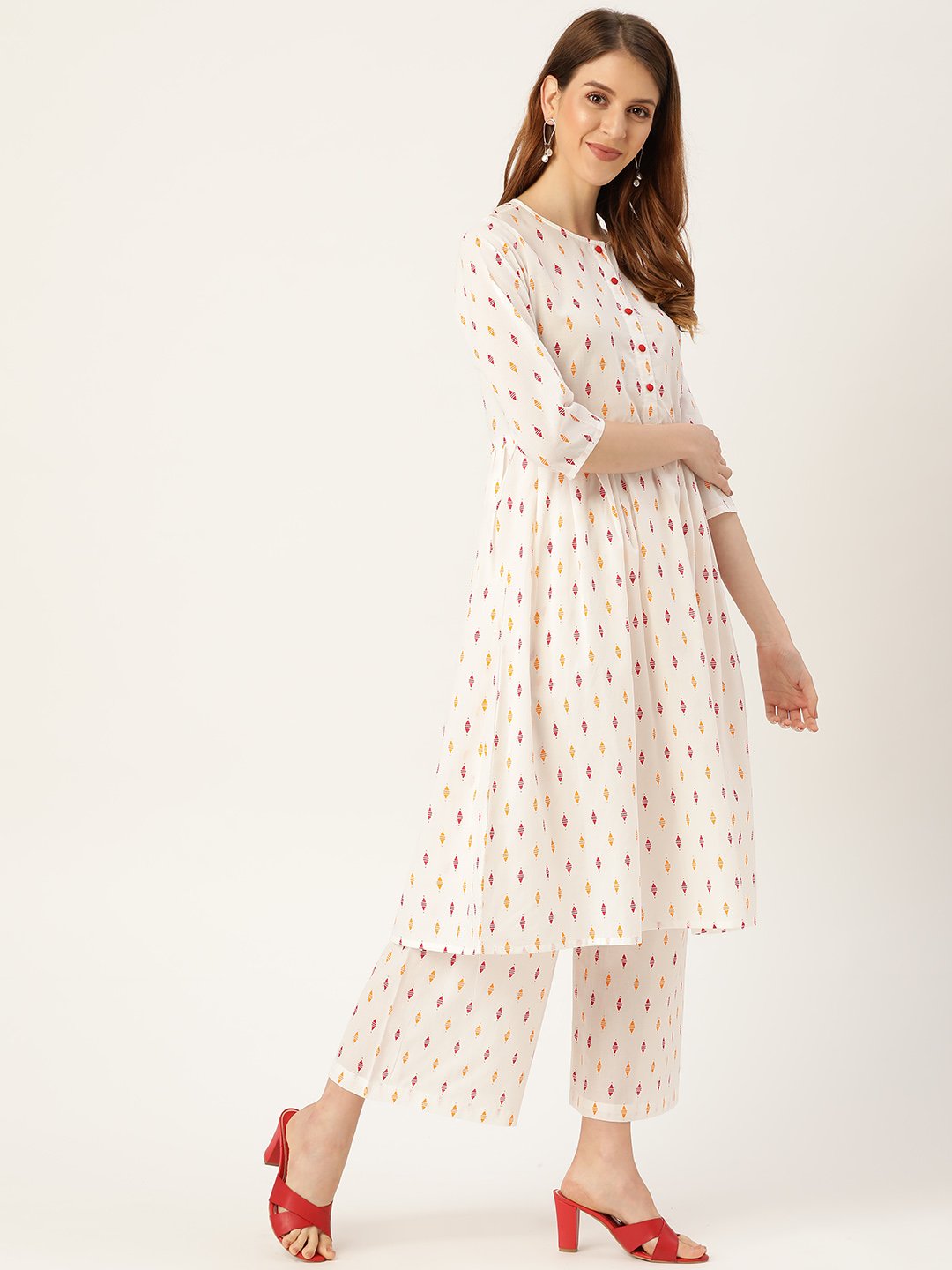 Women White Three-Quarter Sleeves Flared Kurta With Palazzo | LASVINI - Redefining Indian Fashion with Elegance