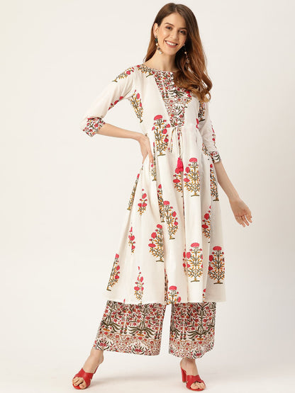 Women White Three-Quarter Sleeves Flared Kurta With Palazzo | LASVINI - Redefining Indian Fashion with Elegance