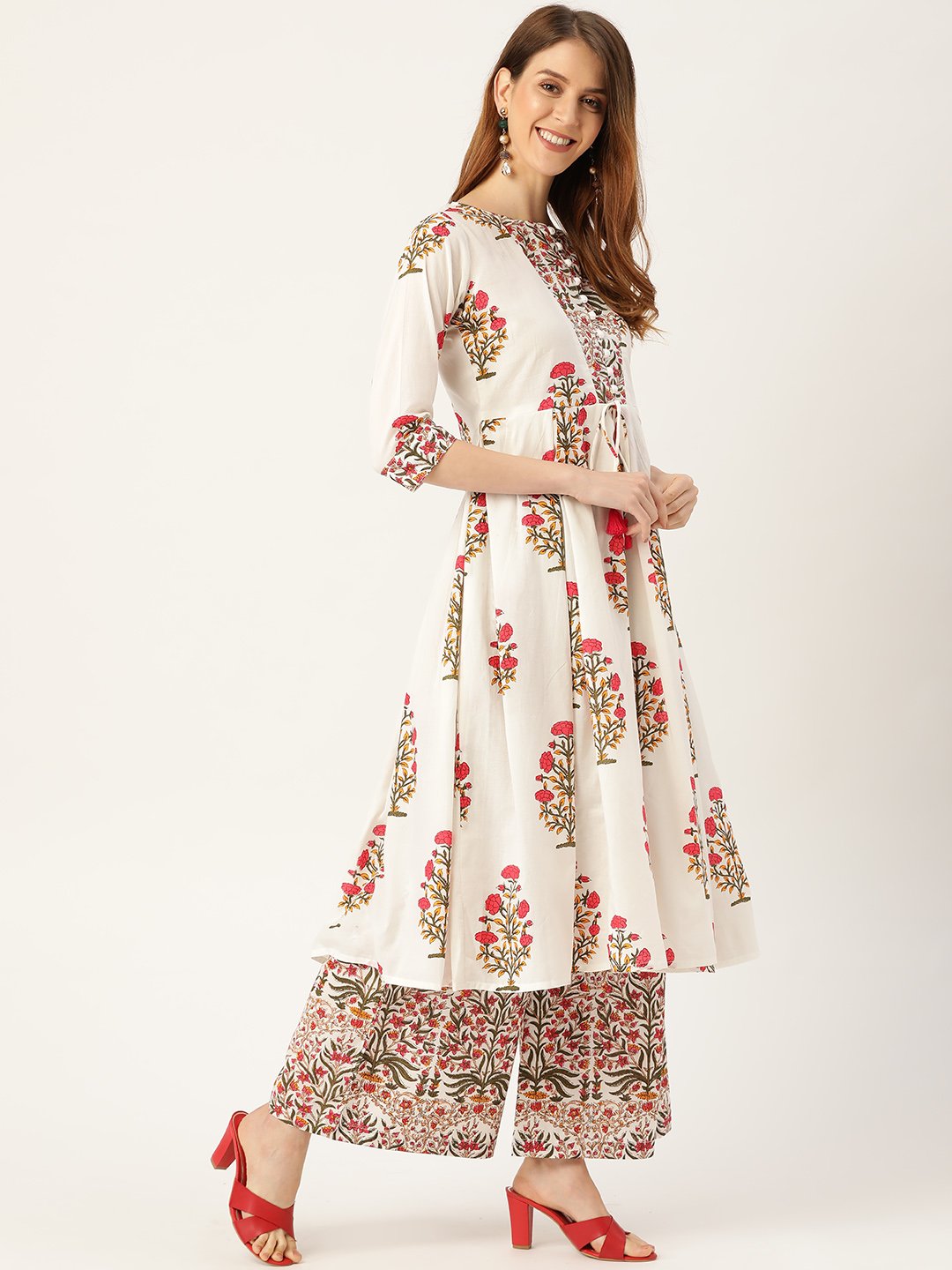 Women White Three-Quarter Sleeves Flared Kurta With Palazzo | LASVINI - Redefining Indian Fashion with Elegance