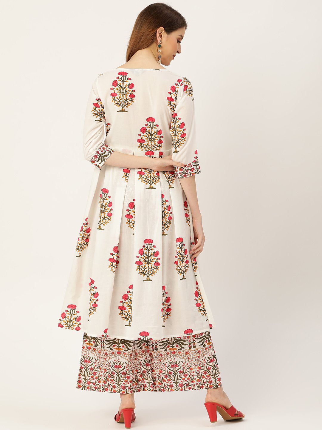 Women White Three-Quarter Sleeves Flared Kurta With Palazzo | LASVINI - Redefining Indian Fashion with Elegance
