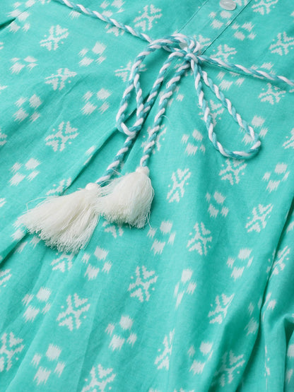 Women Blue Ethnic Motifs Printed Round Neck Cotton A-Line Dress | LASVINI - Redefining Indian Fashion with Elegance