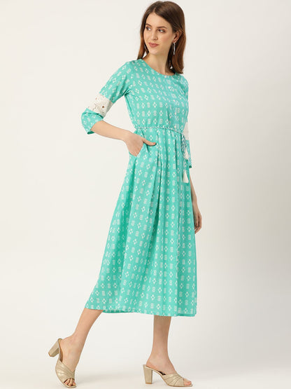 Women Blue Ethnic Motifs Printed Round Neck Cotton A-Line Dress | LASVINI - Redefining Indian Fashion with Elegance