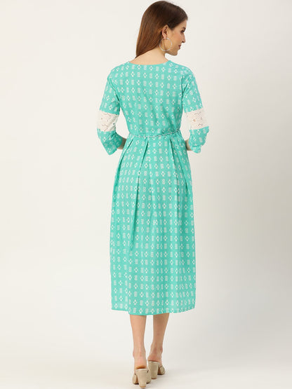 Women Blue Ethnic Motifs Printed Round Neck Cotton A-Line Dress | LASVINI - Redefining Indian Fashion with Elegance