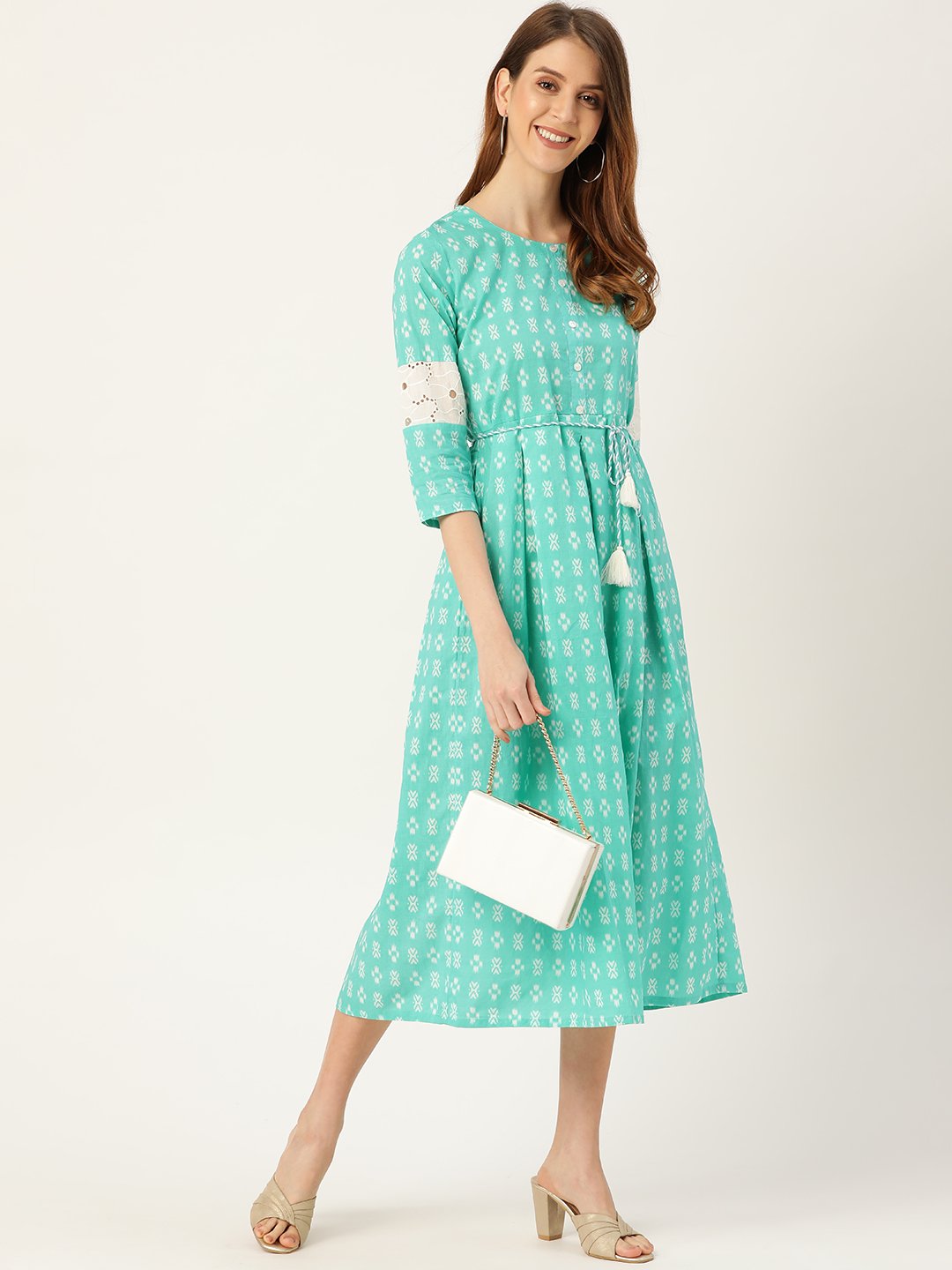 Women Blue Ethnic Motifs Printed Round Neck Cotton A-Line Dress | LASVINI - Redefining Indian Fashion with Elegance