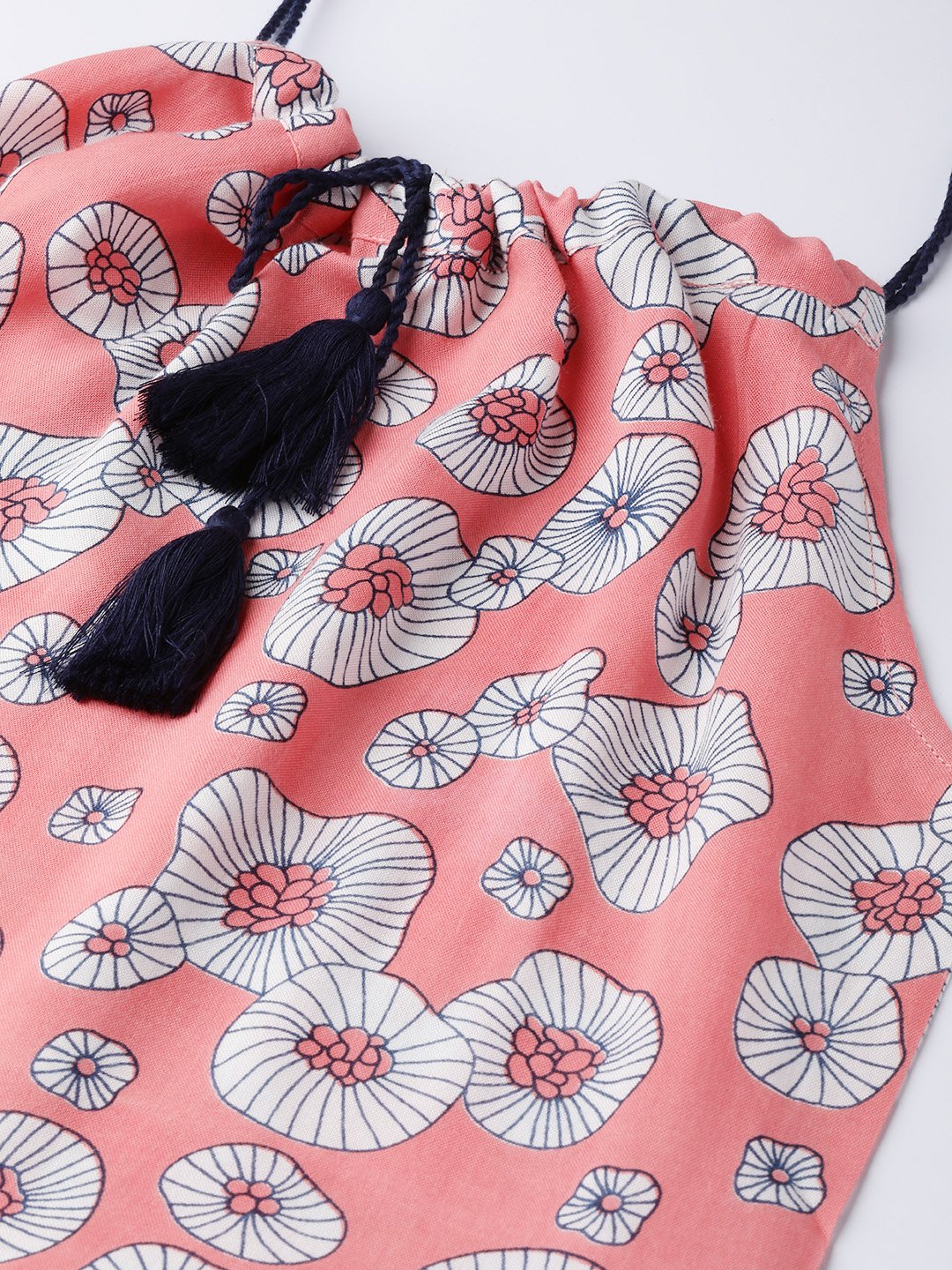 Women Peach Conversational Printed Halter Neck Viscose Rayon A-Line Dress | LASVINI - Redefining Indian Fashion with Elegance