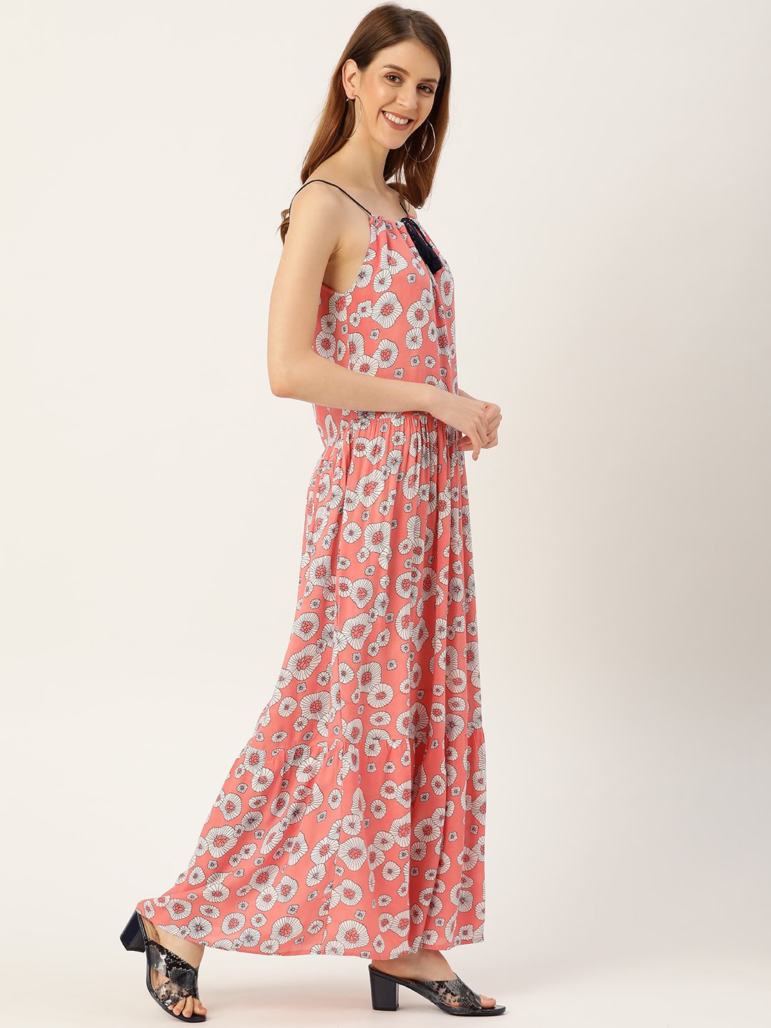 Women Peach Conversational Printed Halter Neck Viscose Rayon A-Line Dress | LASVINI - Redefining Indian Fashion with Elegance