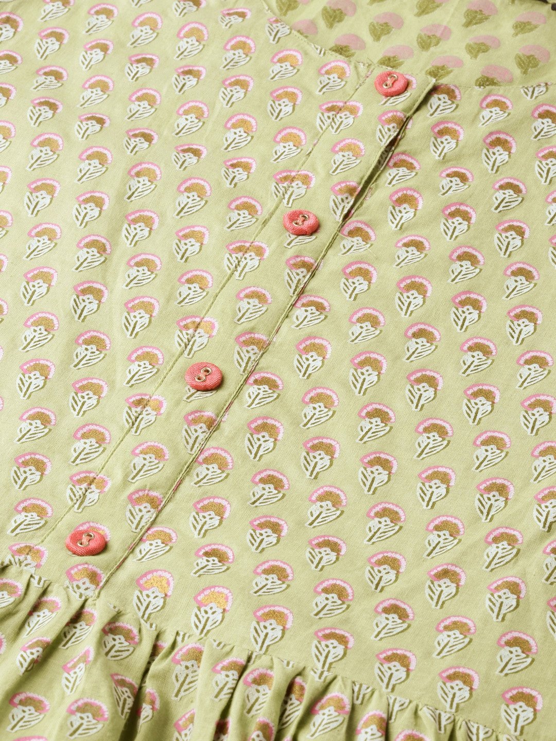 Women Green Ethnic Motifs Printed Round Neck Cotton Maxi Dress | LASVINI - Redefining Indian Fashion with Elegance