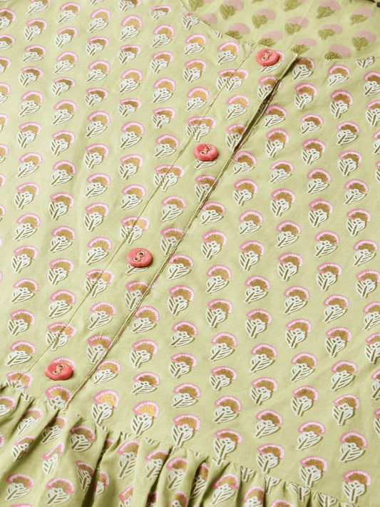 Women Green Ethnic Motifs Printed Round Neck Cotton Maxi Dress | LASVINI - Redefining Indian Fashion with Elegance