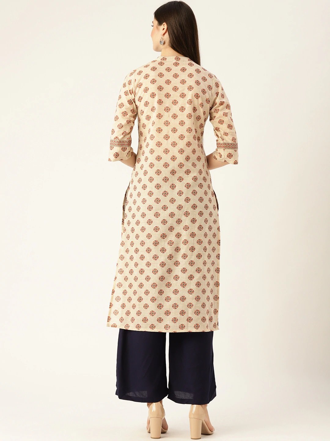 Women Offwhite Calf Length Three-Quarter Sleeves A-Line Ethnic Motifs Yoke Design Cotton Kurta | LASVINI - Redefining Indian Fashion with Elegance