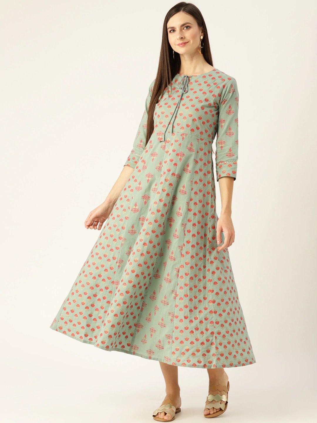 Women Metalic Green Ethnic Motifs Printed Round Neck Cotton Maxi Dress | LASVINI - Redefining Indian Fashion with Elegance