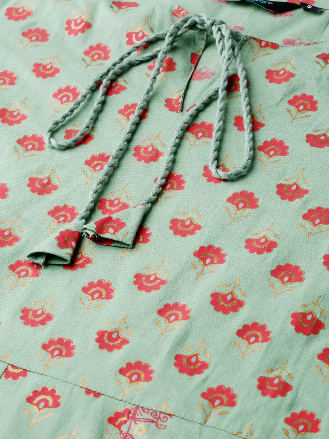 Women Metalic Green Ethnic Motifs Printed Round Neck Cotton Maxi Dress | LASVINI - Redefining Indian Fashion with Elegance