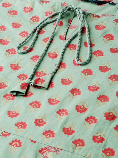 Women Metalic Green Ethnic Motifs Printed Round Neck Cotton Maxi Dress | LASVINI - Redefining Indian Fashion with Elegance