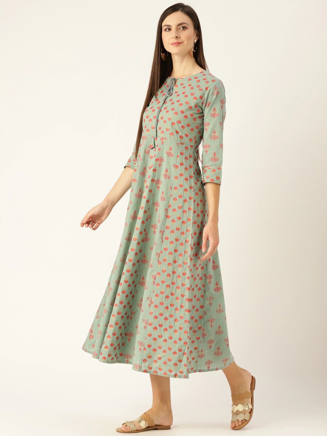 Women Metalic Green Ethnic Motifs Printed Round Neck Cotton Maxi Dress | LASVINI - Redefining Indian Fashion with Elegance