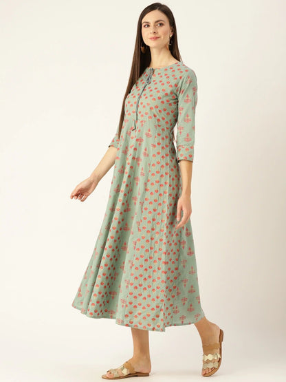 Women Metalic Green Ethnic Motifs Printed Round Neck Cotton Maxi Dress | LASVINI - Redefining Indian Fashion with Elegance