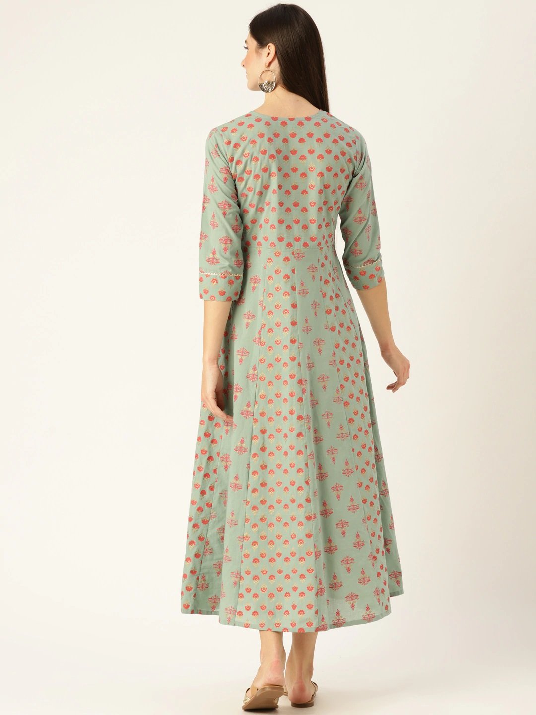 Women Metalic Green Ethnic Motifs Printed Round Neck Cotton Maxi Dress | LASVINI - Redefining Indian Fashion with Elegance