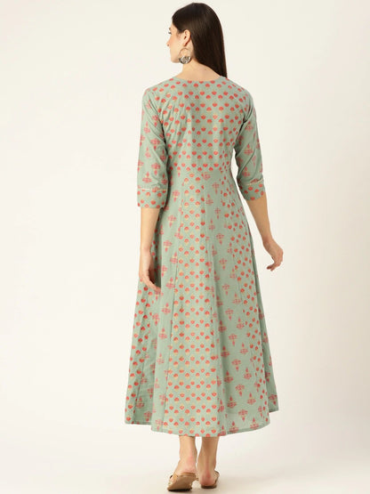 Women Metalic Green Ethnic Motifs Printed Round Neck Cotton Maxi Dress | LASVINI - Redefining Indian Fashion with Elegance
