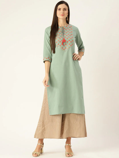 Women Blue Calf Length Three-Quarter Sleeves A-Line Solid Yoke Design Cotton Kurta | LASVINI - Redefining Indian Fashion with Elegance