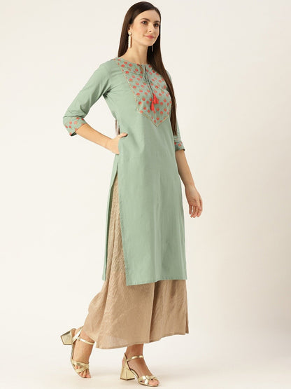 Women Blue Calf Length Three-Quarter Sleeves A-Line Solid Yoke Design Cotton Kurta | LASVINI - Redefining Indian Fashion with Elegance