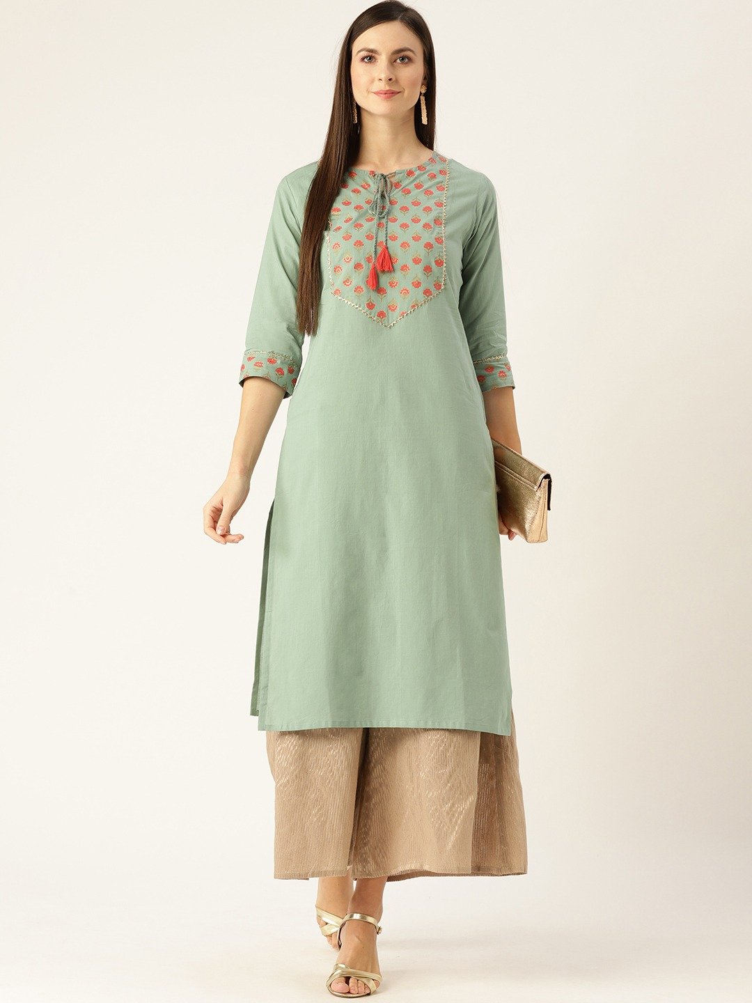 Women Blue Calf Length Three-Quarter Sleeves A-Line Solid Yoke Design Cotton Kurta | LASVINI - Redefining Indian Fashion with Elegance